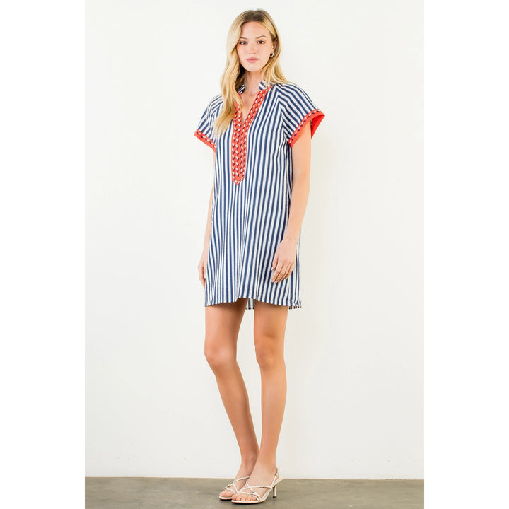 Short Sleeve Striped Detail V-neck Dress