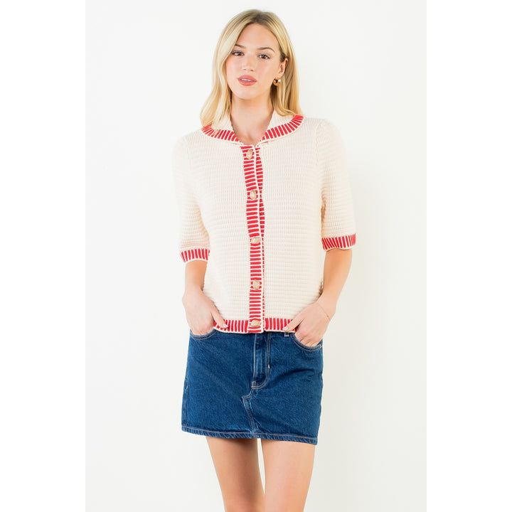 Short Sleeve Button Front Knit Top