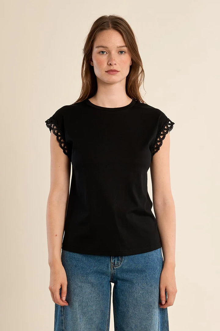 Black Openwork Sleeve Tee
