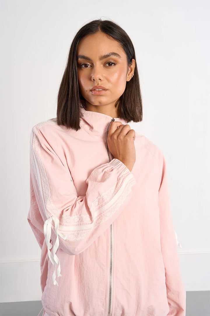 Pink Nylon and Lace Track Jacket