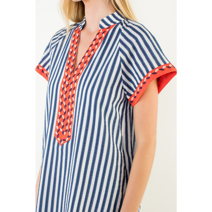 Short Sleeve Striped Detail V-neck Dress