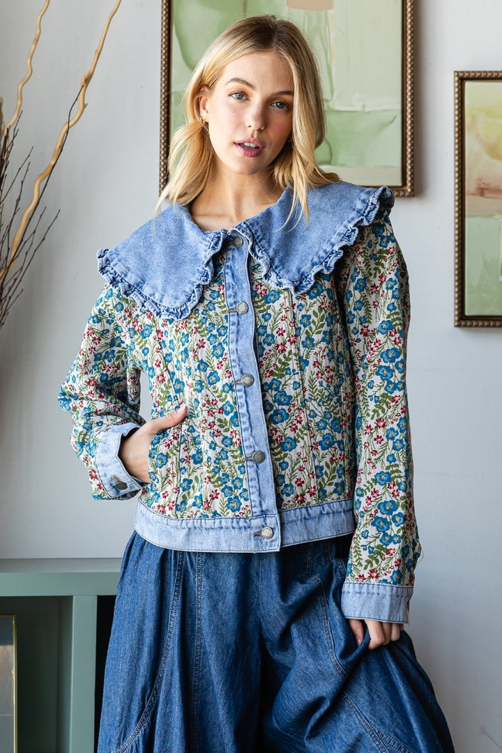 Vintage Jacquard Ruffle Collar Denim Jacket
