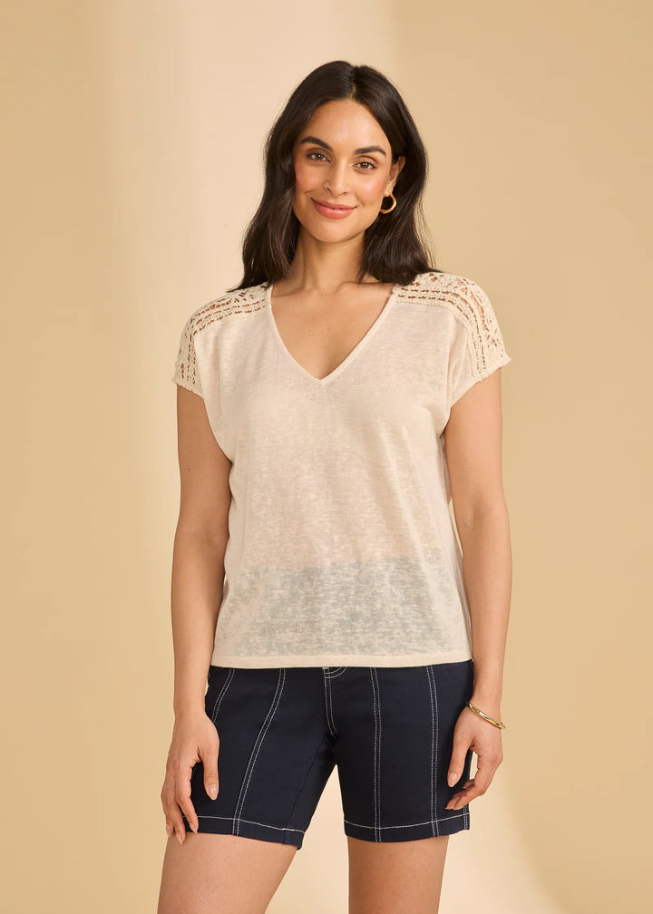 Short Sleeve Split Neck Top, Sand