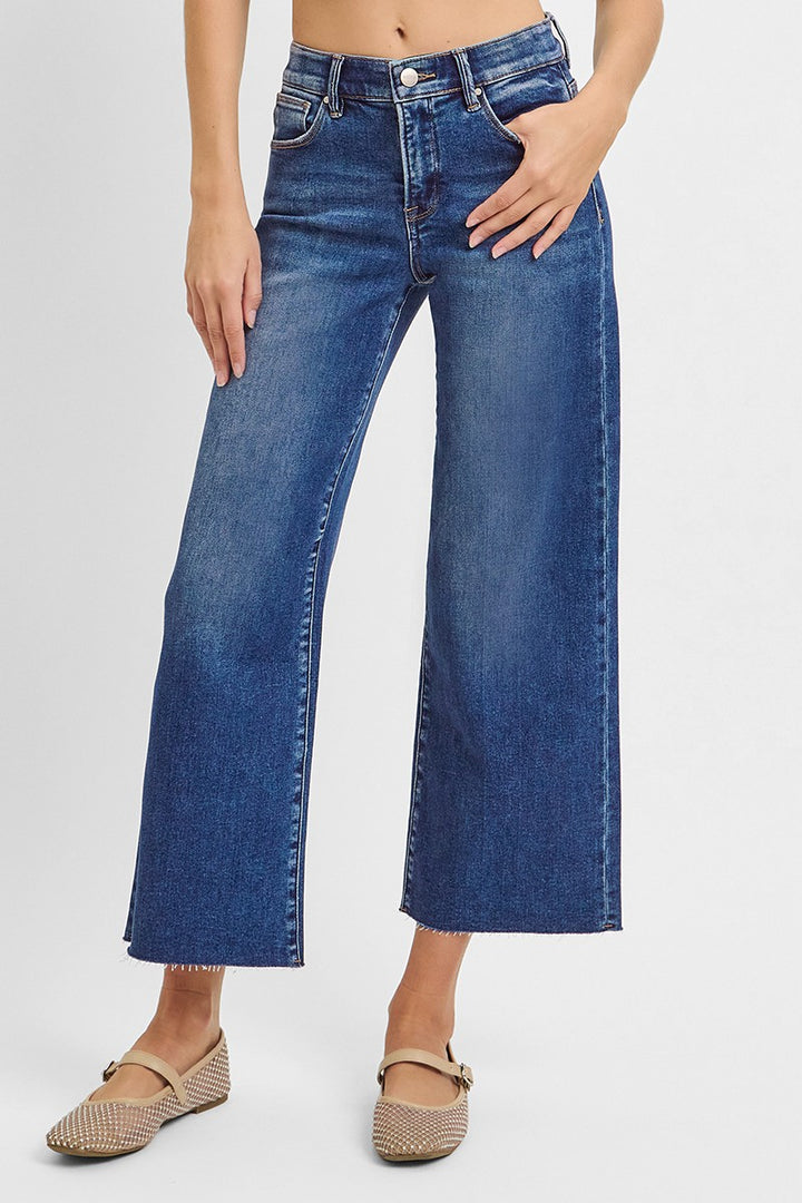 Dark Mid Rise Crop Wide Jeans