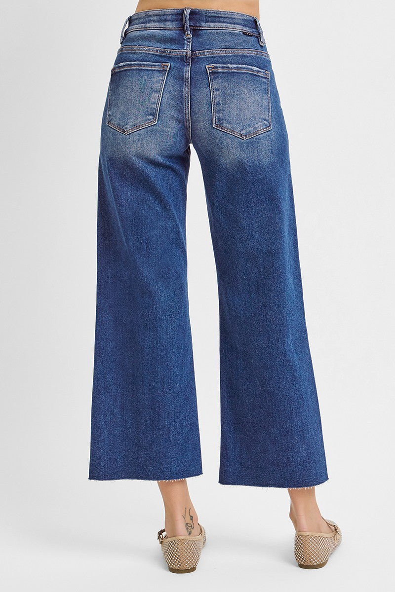 Dark Mid Rise Crop Wide Jeans