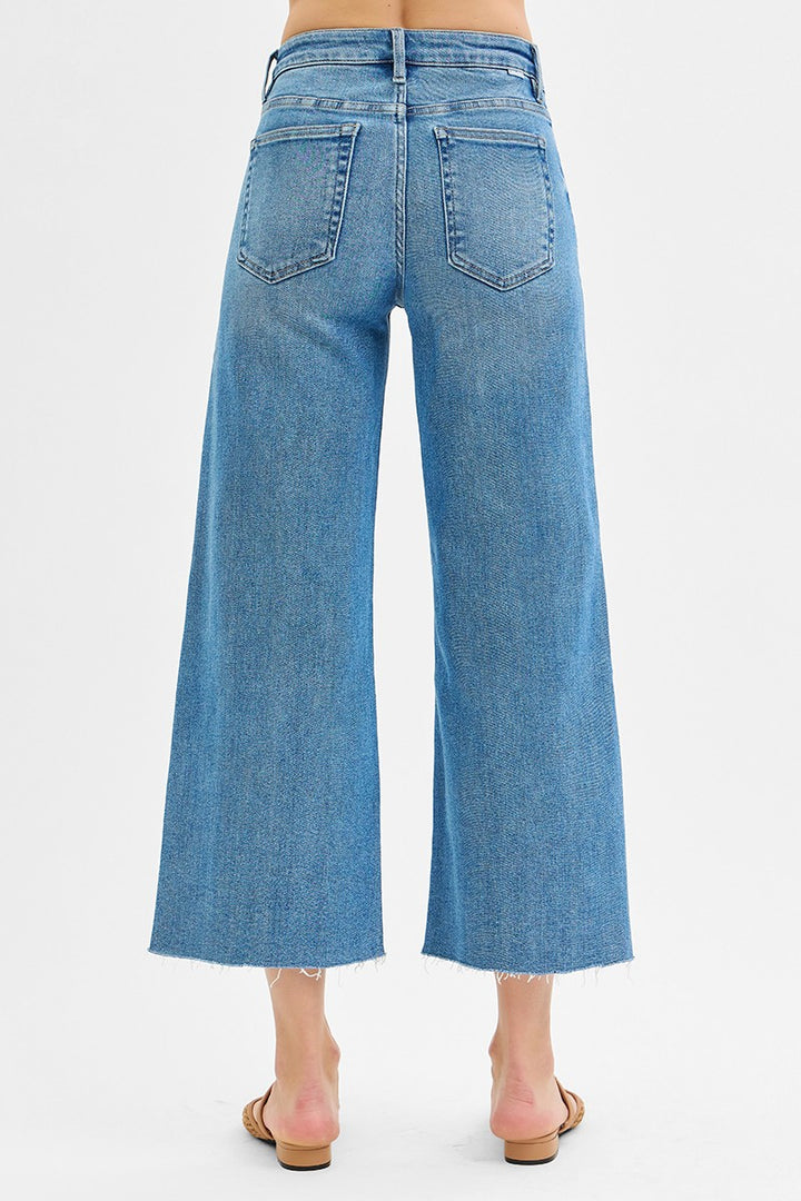 Mid Rise Crop Wide Front Slit Jeans