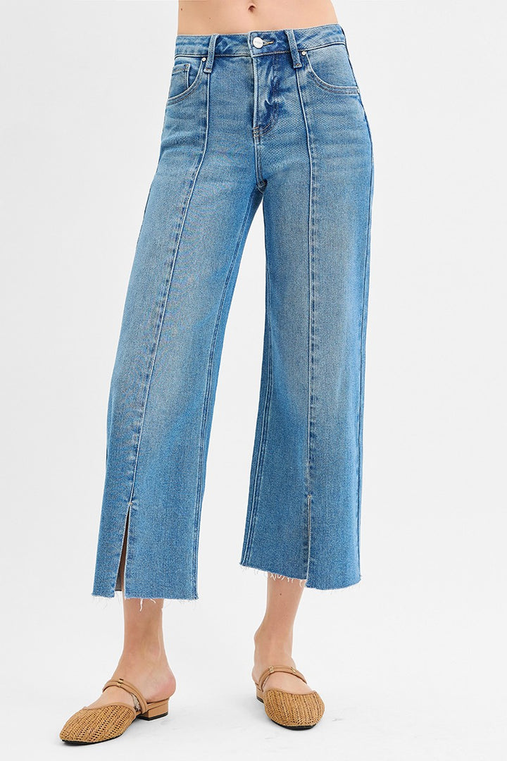 Mid Rise Crop Wide Front Slit Jeans