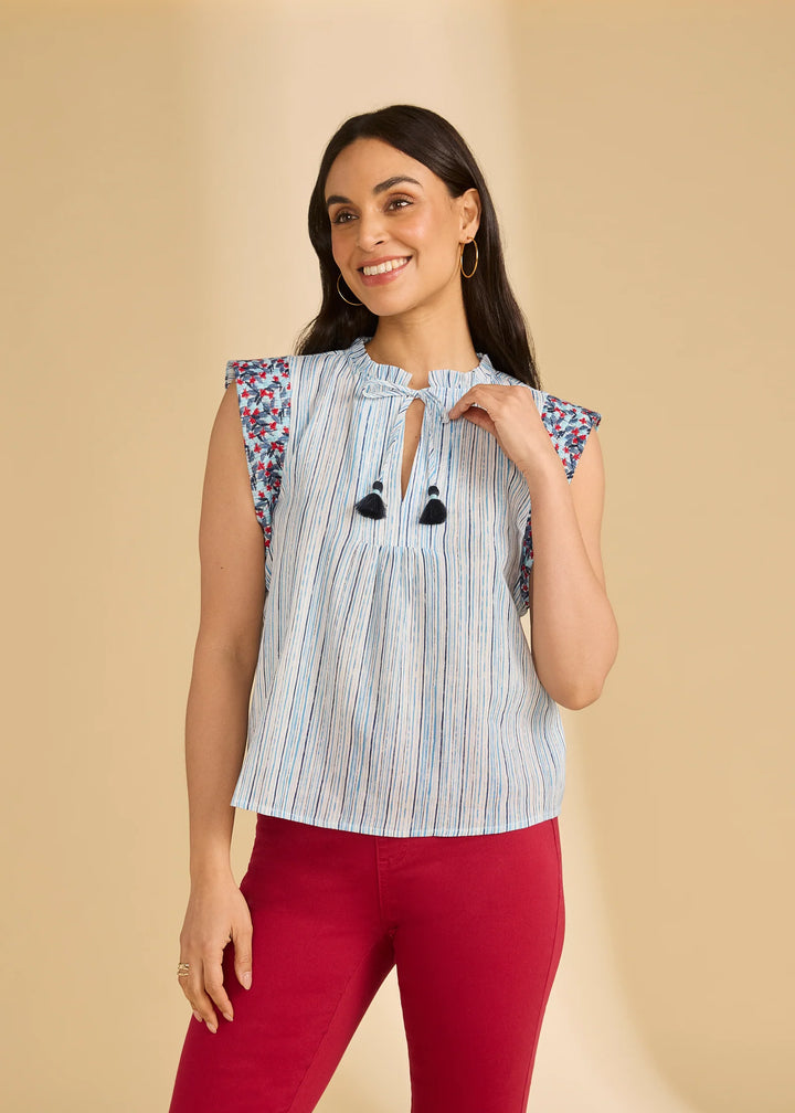Embroidered Flutter Sleeve Top, Spritz Stripes