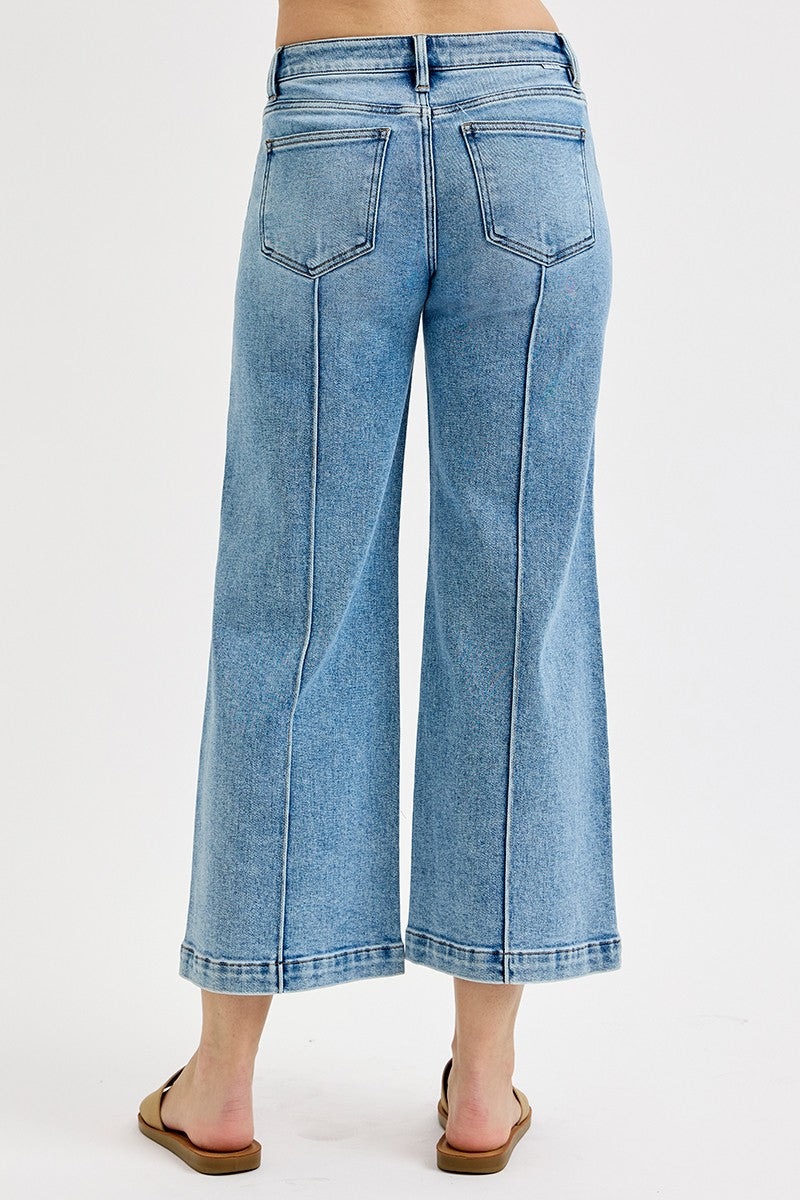 Mid Rise Crop Wide Pintuck Detailed Jeans