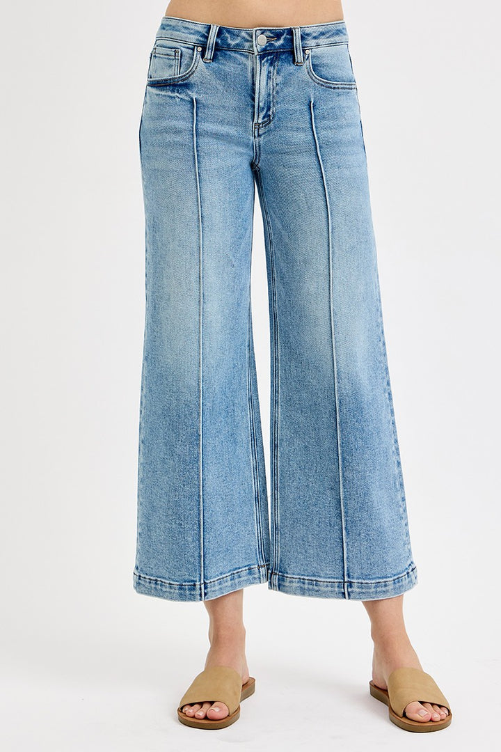 Mid Rise Crop Wide Pintuck Detailed Jeans