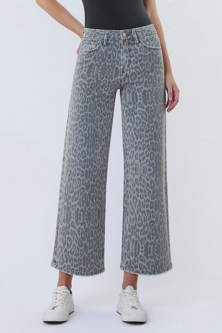 High Rise Grey Leopard Print Crop Wide Leg Jeans