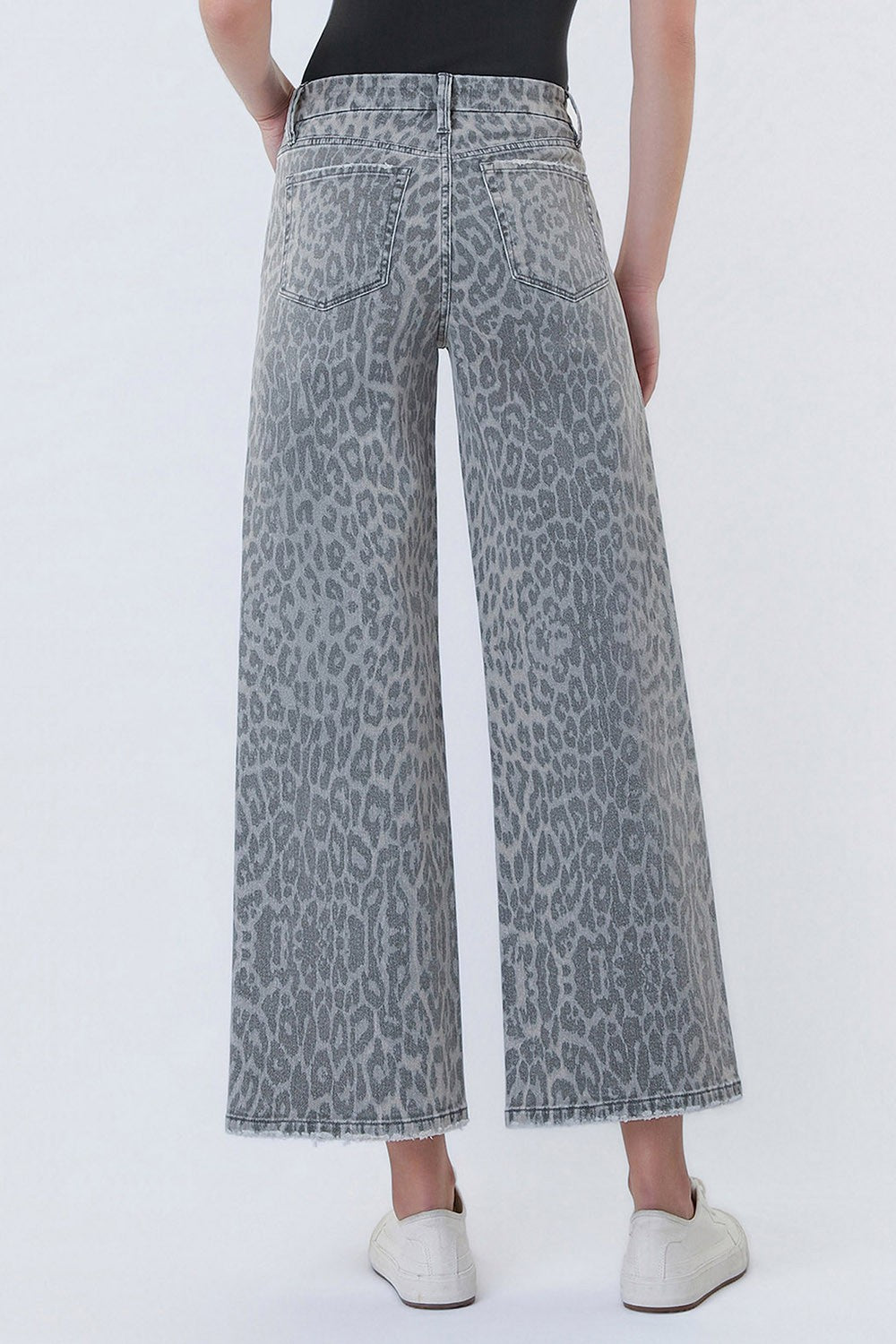 High Rise Grey Leopard Print Crop Wide Leg Jeans