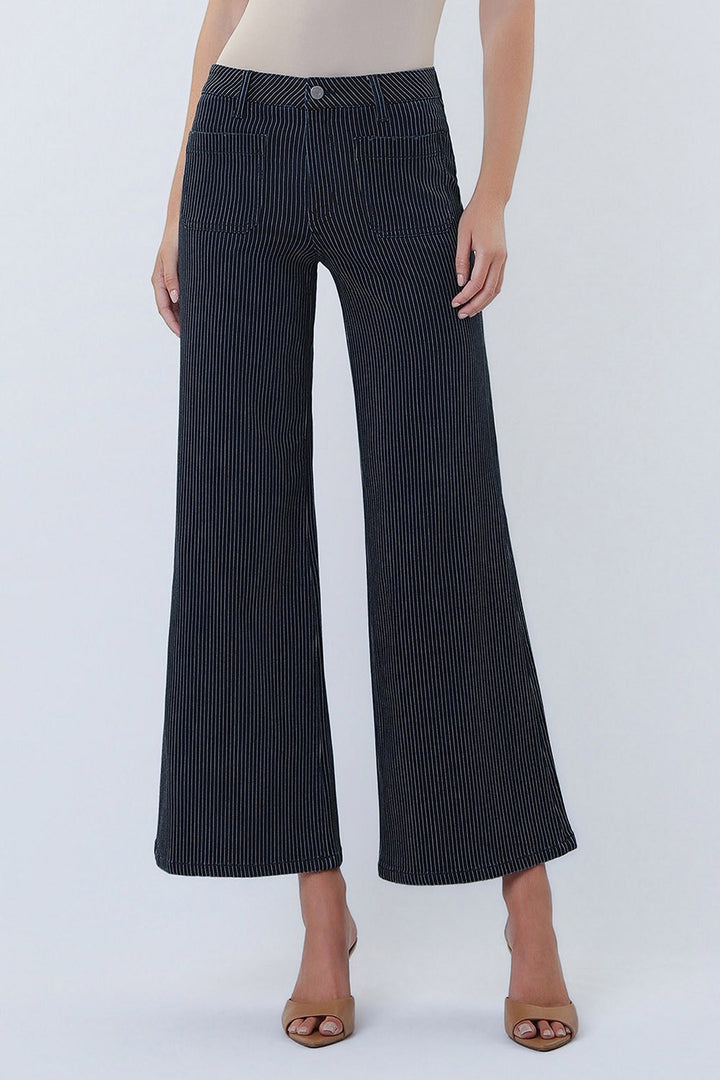 High Rise Patch Pocket Crop Striped Wide Jeans