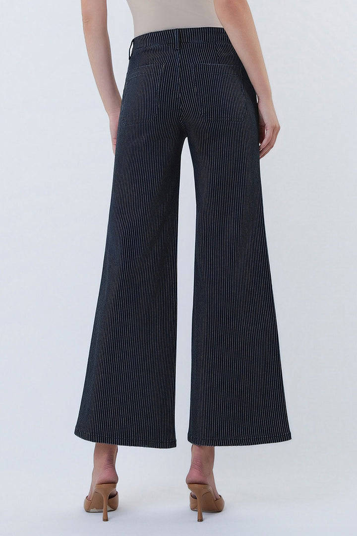 High Rise Patch Pocket Crop Striped Wide Jeans