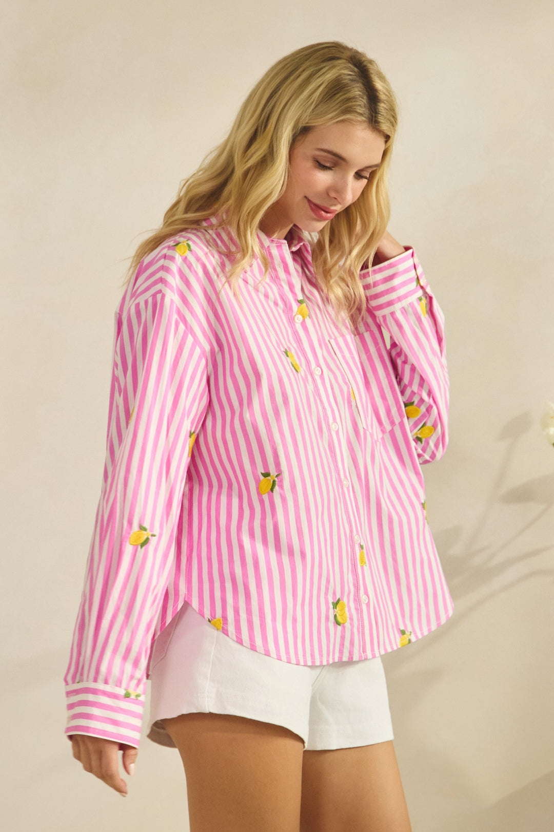 Pink Stripe Lemon Embroidered Button Down Blouse