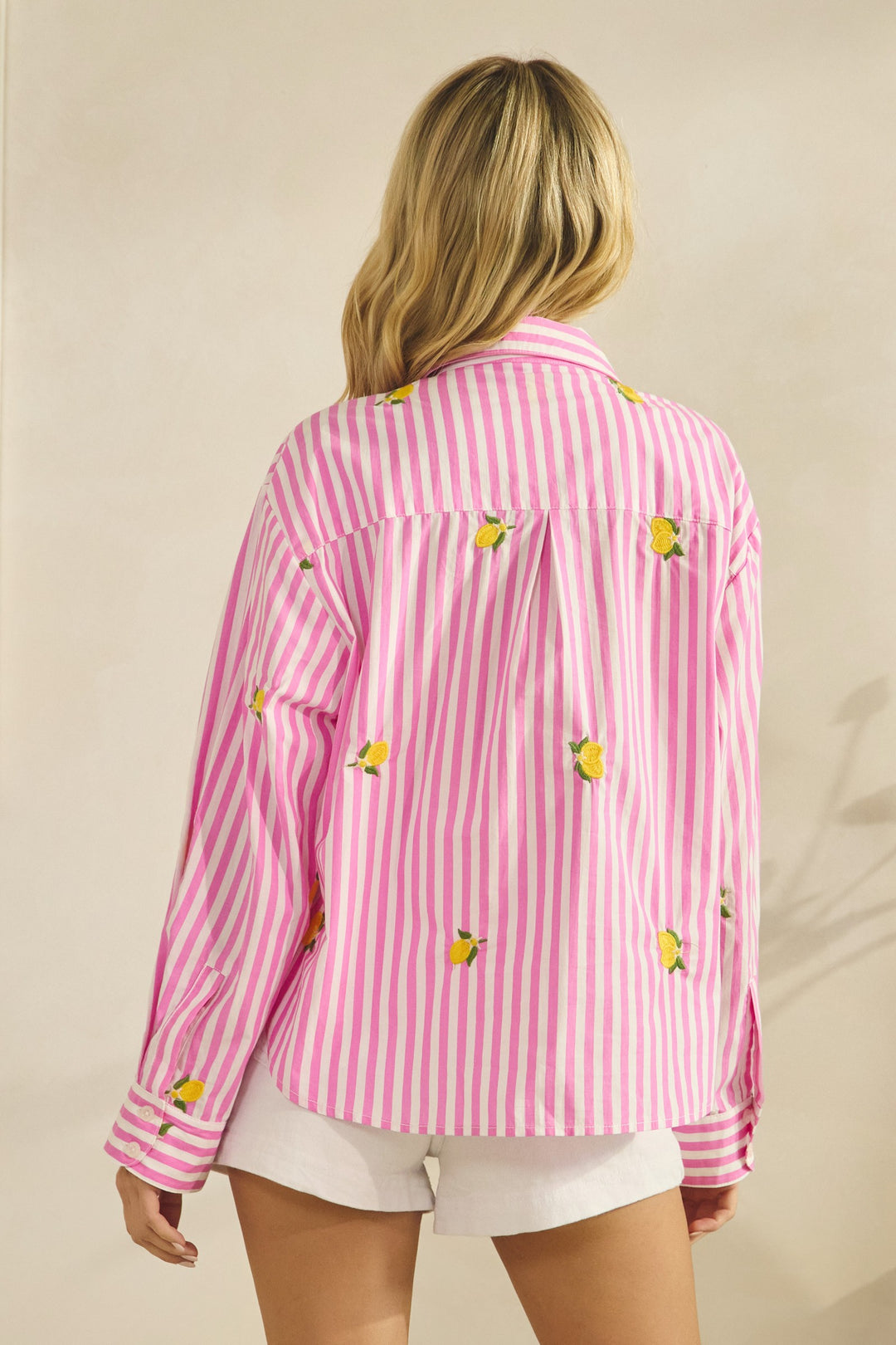Pink Stripe Lemon Embroidered Button Down Blouse