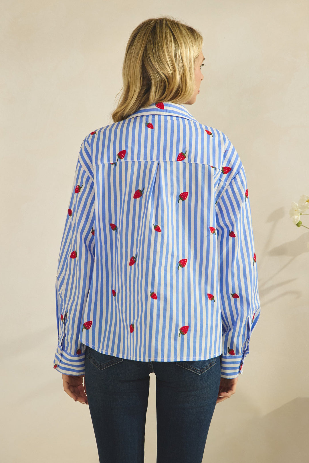 Stripe Strawberry Embroidered Button Down Blouse