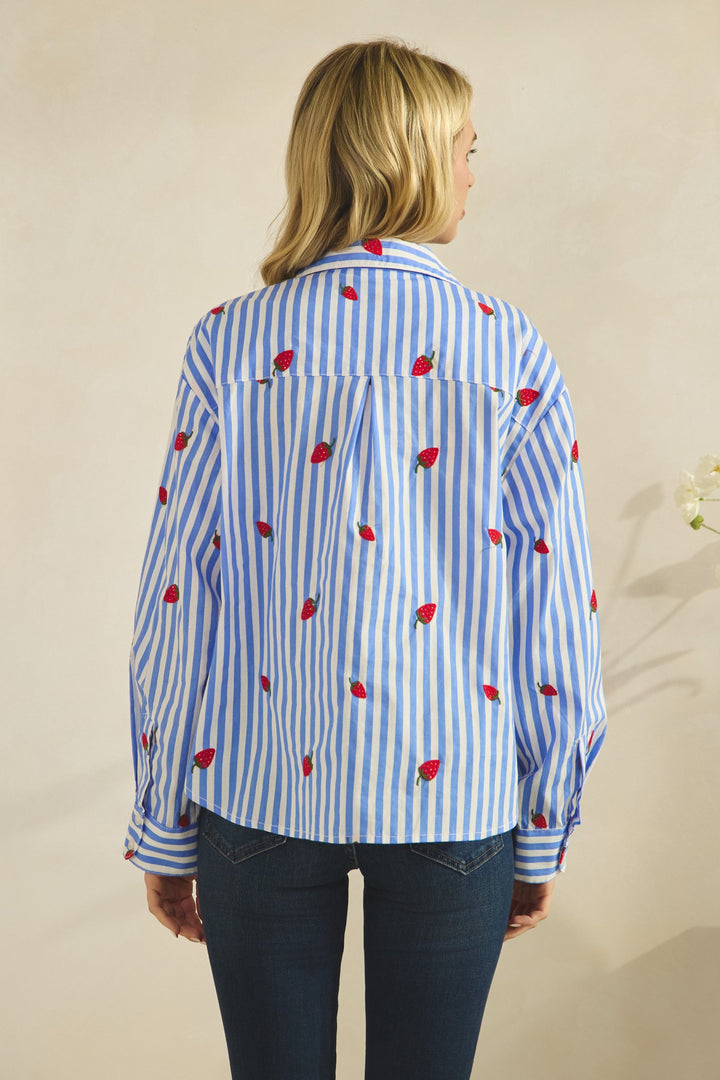 Stripe Strawberry Embroidered Button Down Blouse