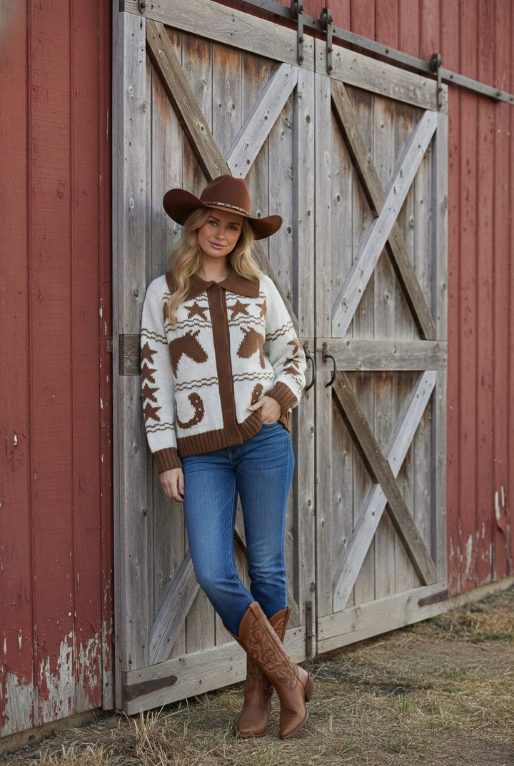 Horse Motif Knit Cardigan Sweater