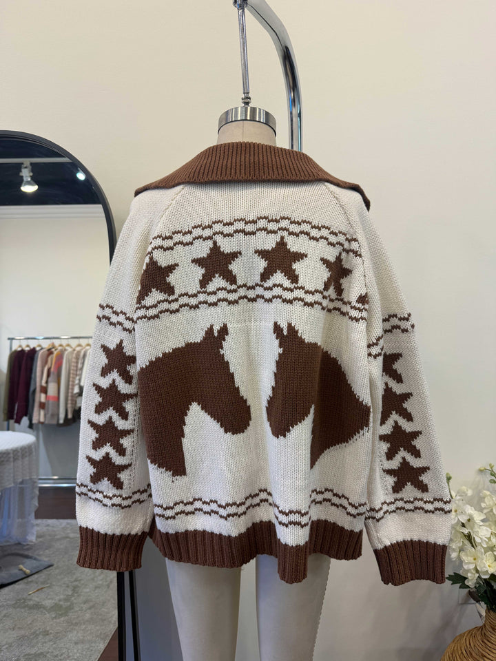 Horse Motif Knit Cardigan Sweater