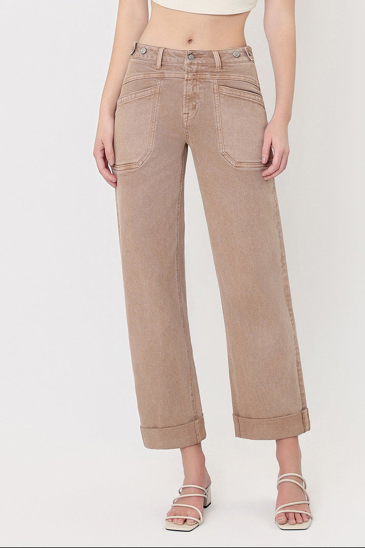 Warm Taupe High Rise Cuffed Slim Wide Jeans
