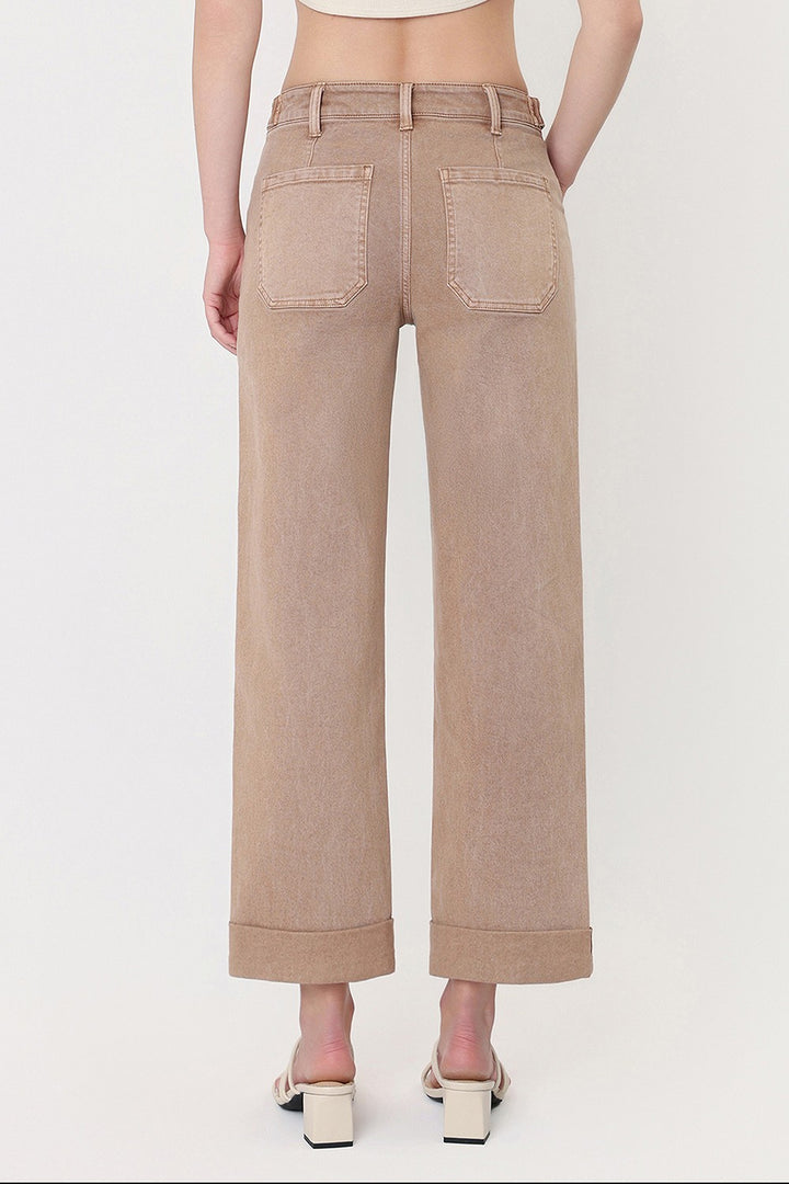 Warm Taupe High Rise Cuffed Slim Wide Jeans