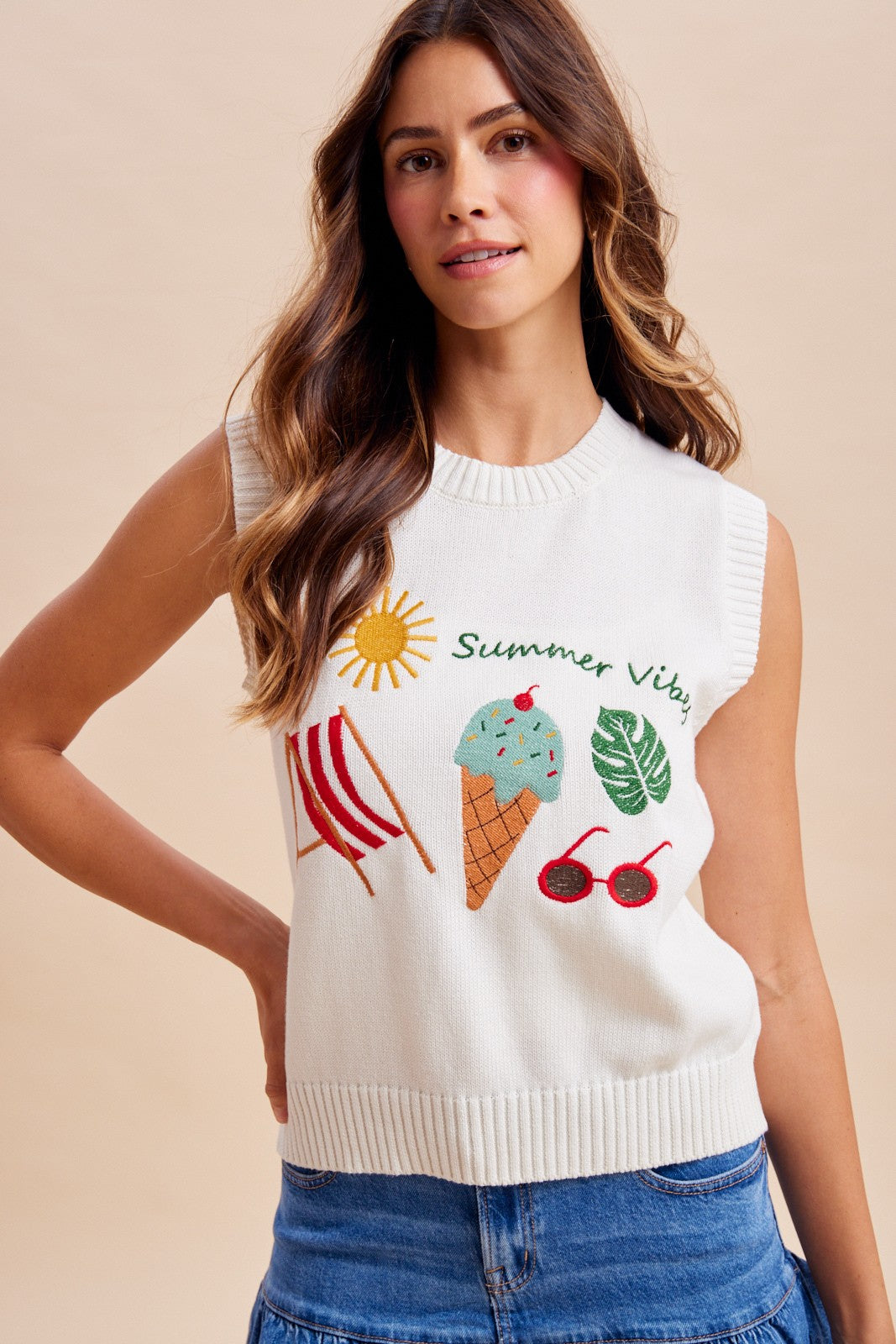 Summer Vibes Embroidery Patch Sweater Vest – Tricia's Treasures