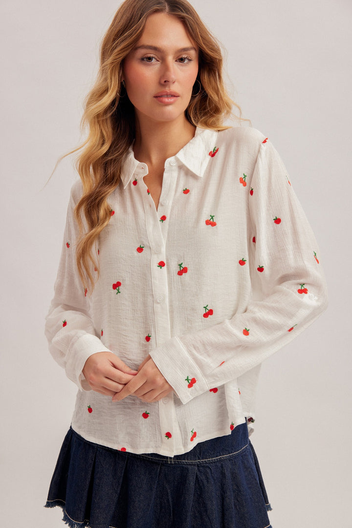 Cherry Embroidered Button Down Shirt