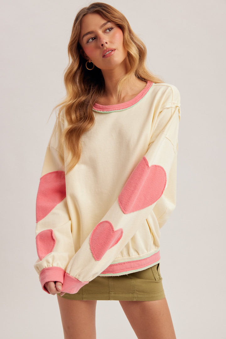 Heart Patched Sleeve Terry Top