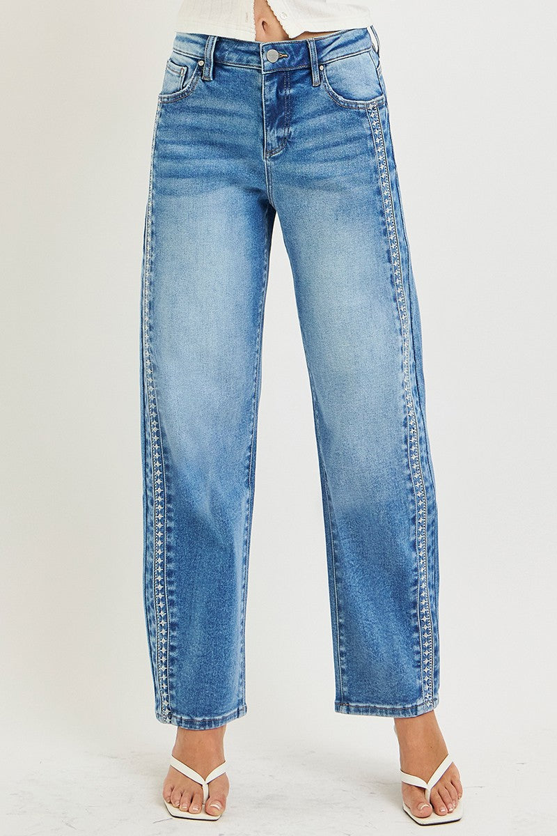 High Rise Ankle Barrel Embroidered Detailed Jeans