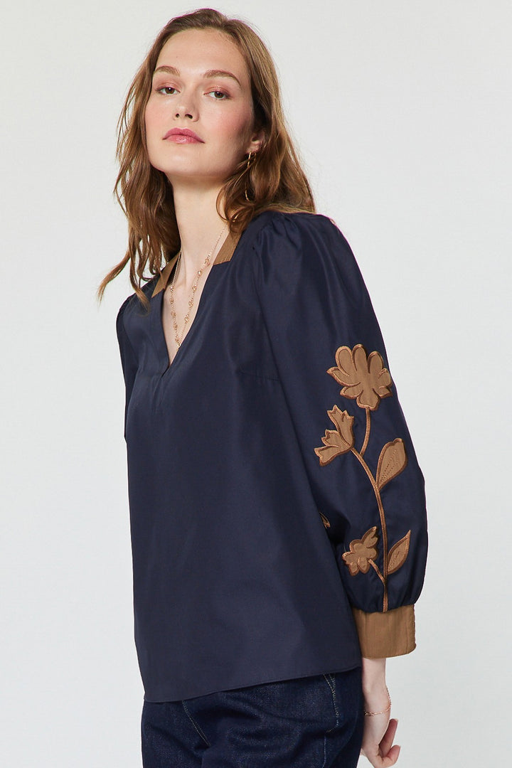 Floral Contrast Embroidered Long Sleeve Blouse