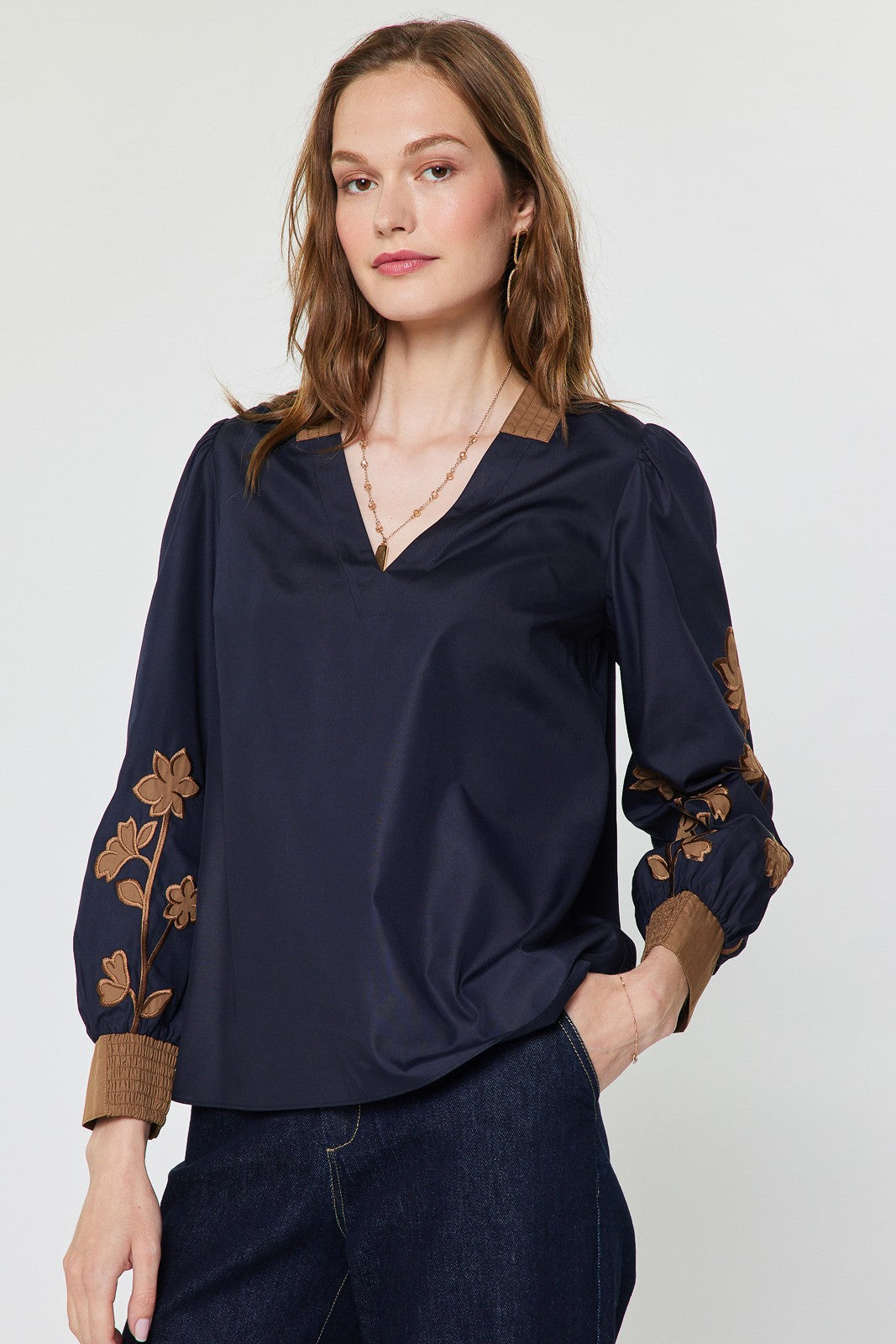 Floral Contrast Embroidered Long Sleeve Blouse