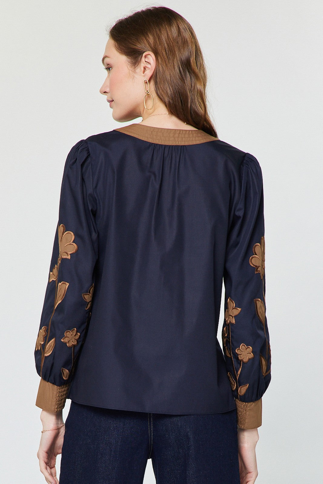 Floral Contrast Embroidered Long Sleeve Blouse