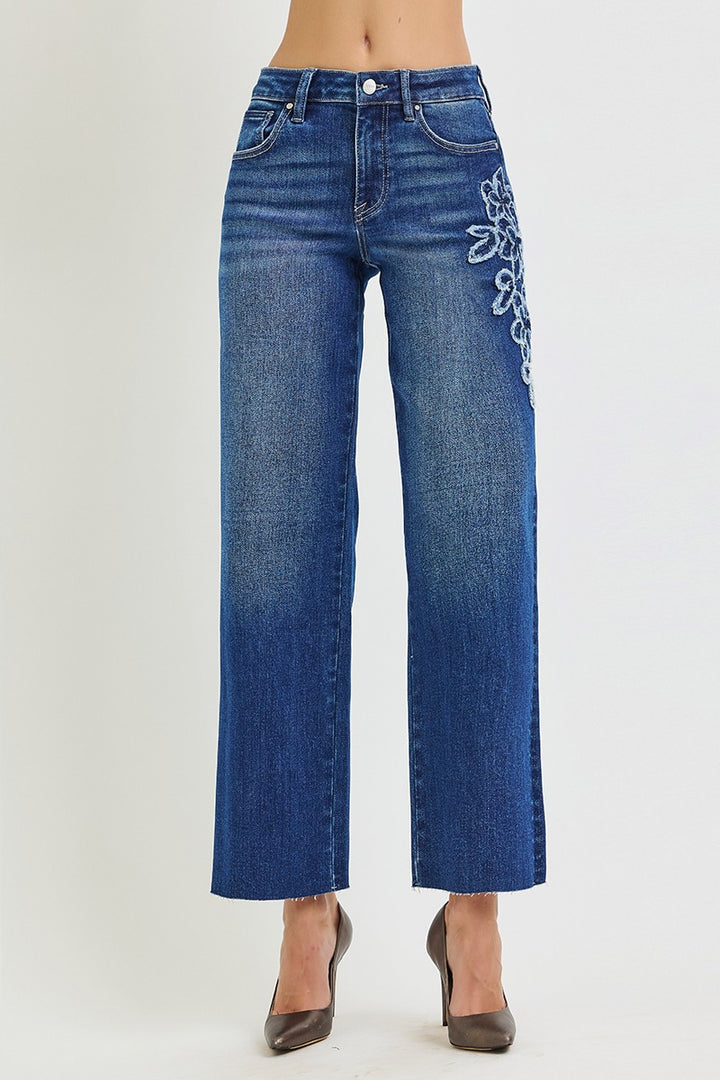 Mid Rise Crop Straight Flower Patch Jeans