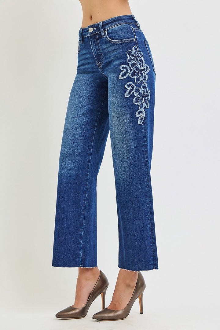 Mid Rise Crop Straight Flower Patch Jeans