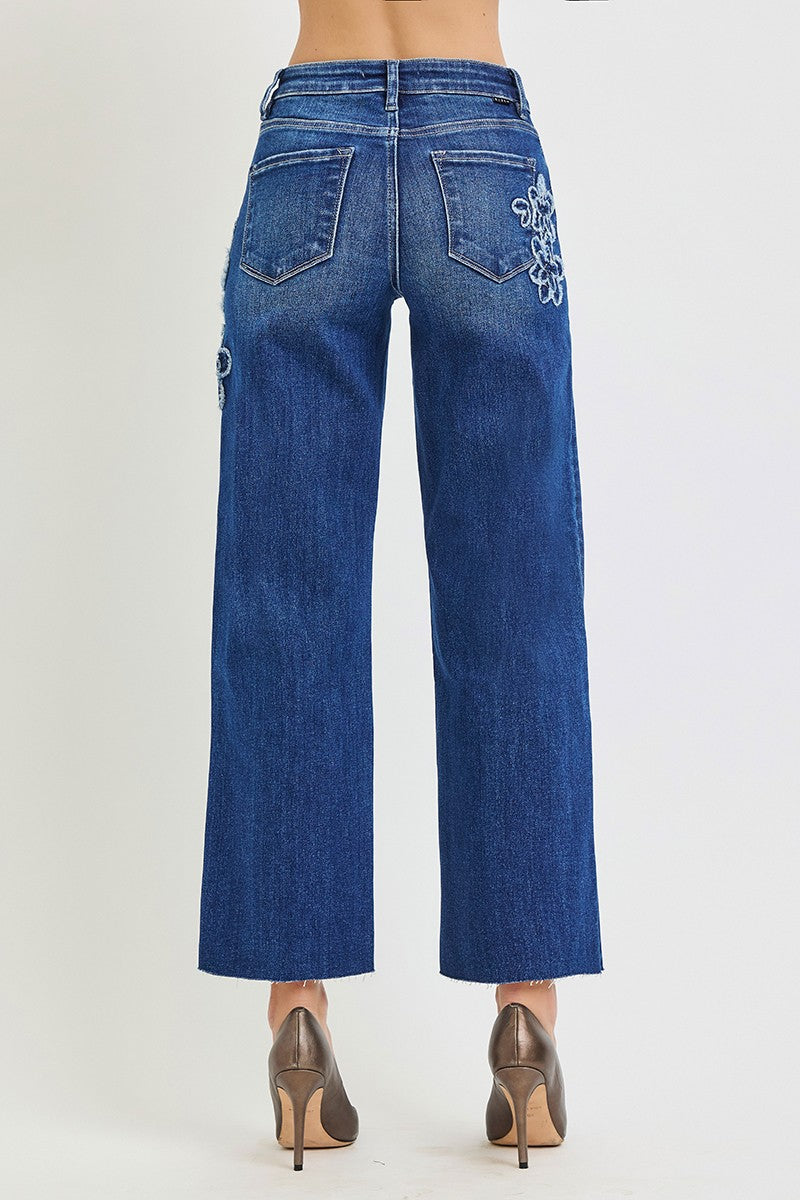Mid Rise Crop Straight Flower Patch Jeans