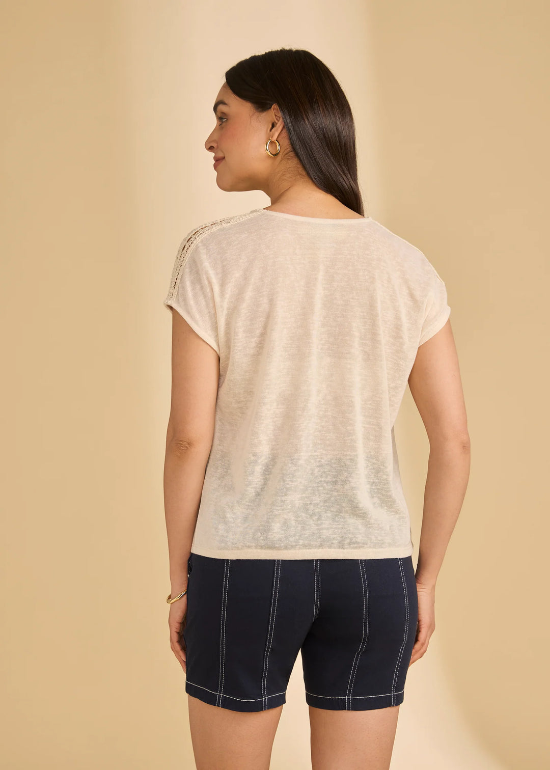 Short Sleeve Split Neck Top, Sand