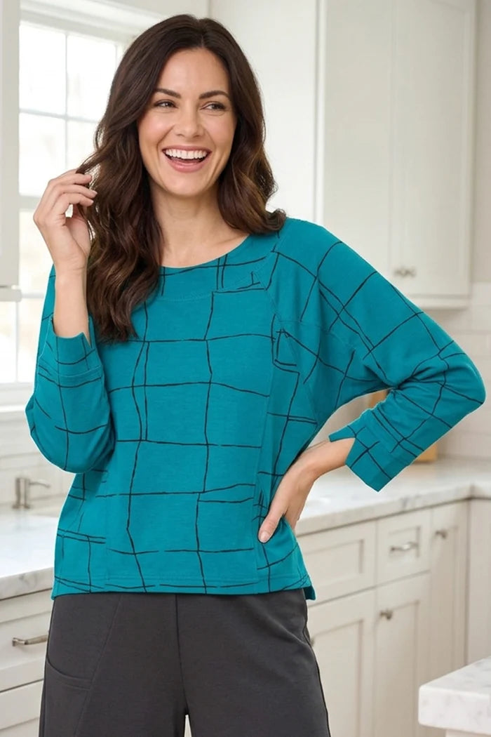 Teal Feather Lux Knit Windowpane Pullover
