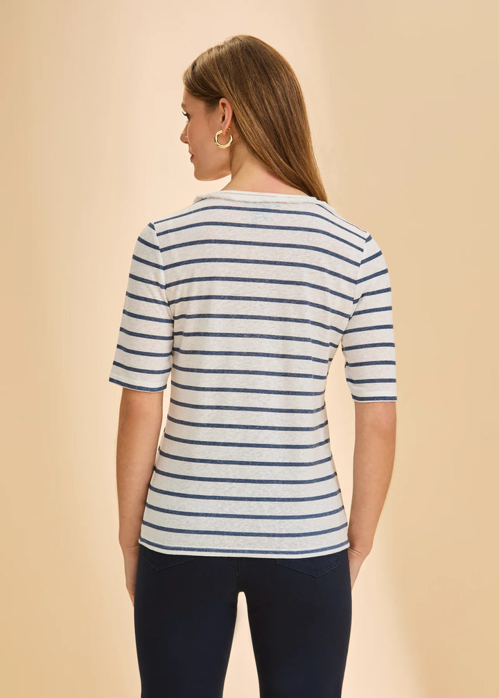 Navy Elbow Sleeve Fringed Neck Top