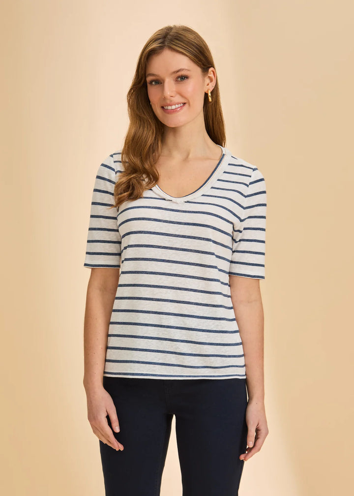 Navy Elbow Sleeve Fringed Neck Top