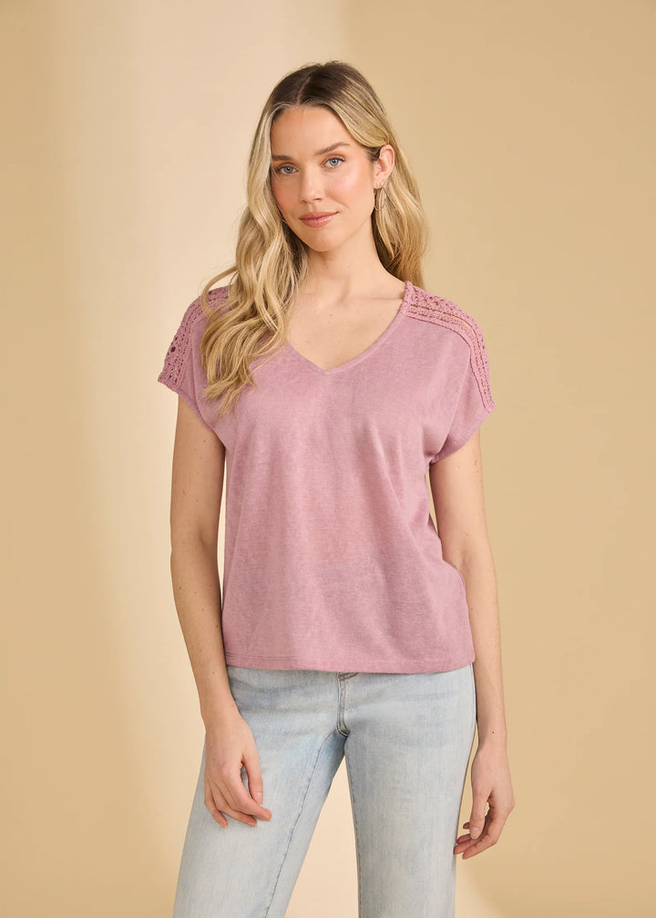 Short Sleeve Split Neck Top, Magic Mauve