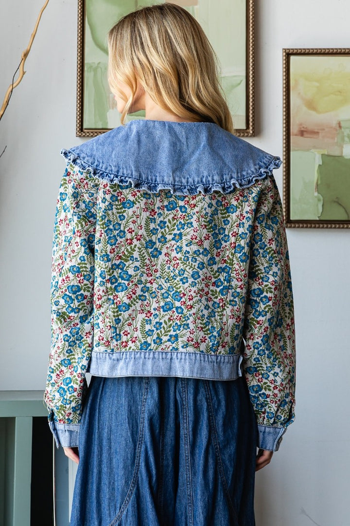 Vintage Jacquard Ruffle Collar Denim Jacket