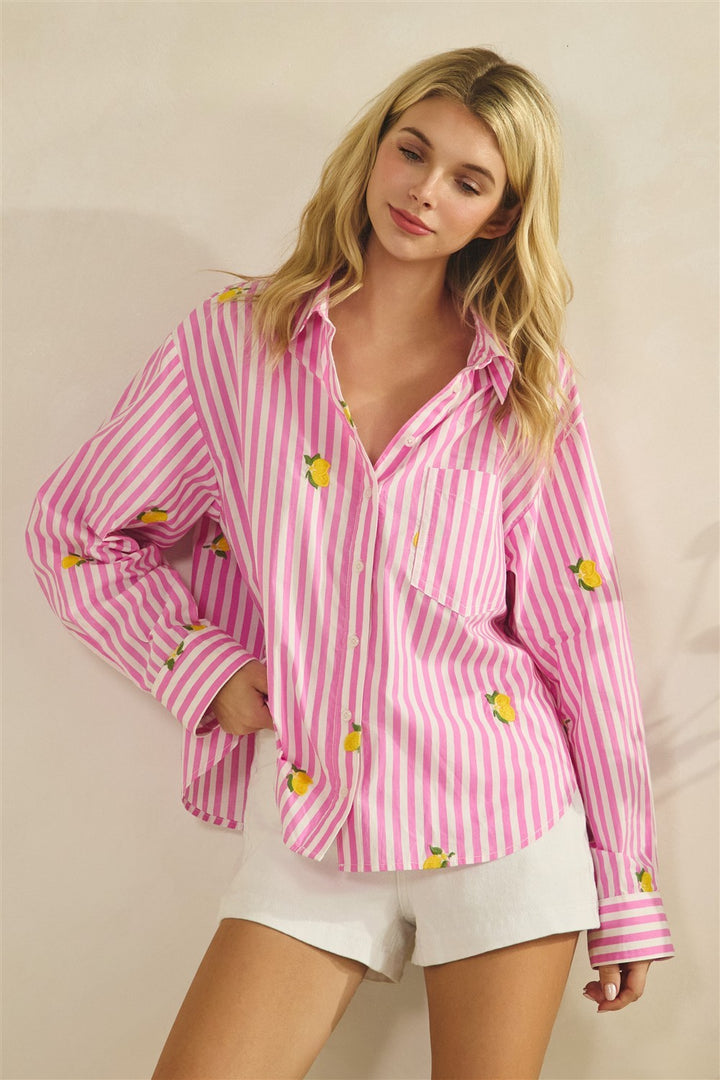 Pink Stripe Lemon Embroidered Button Down Blouse