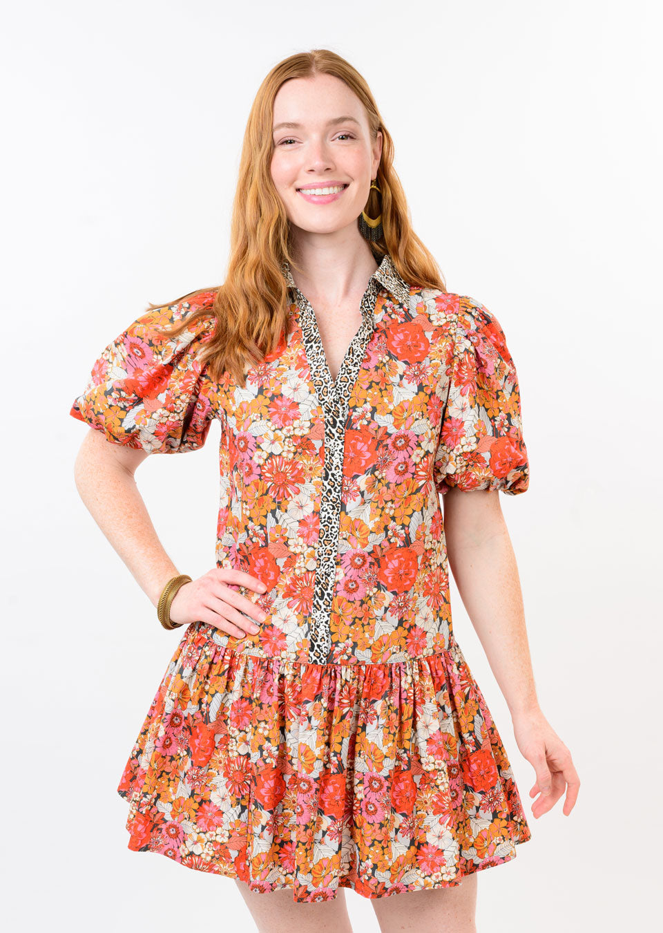 Leopard Trim Floral Dress