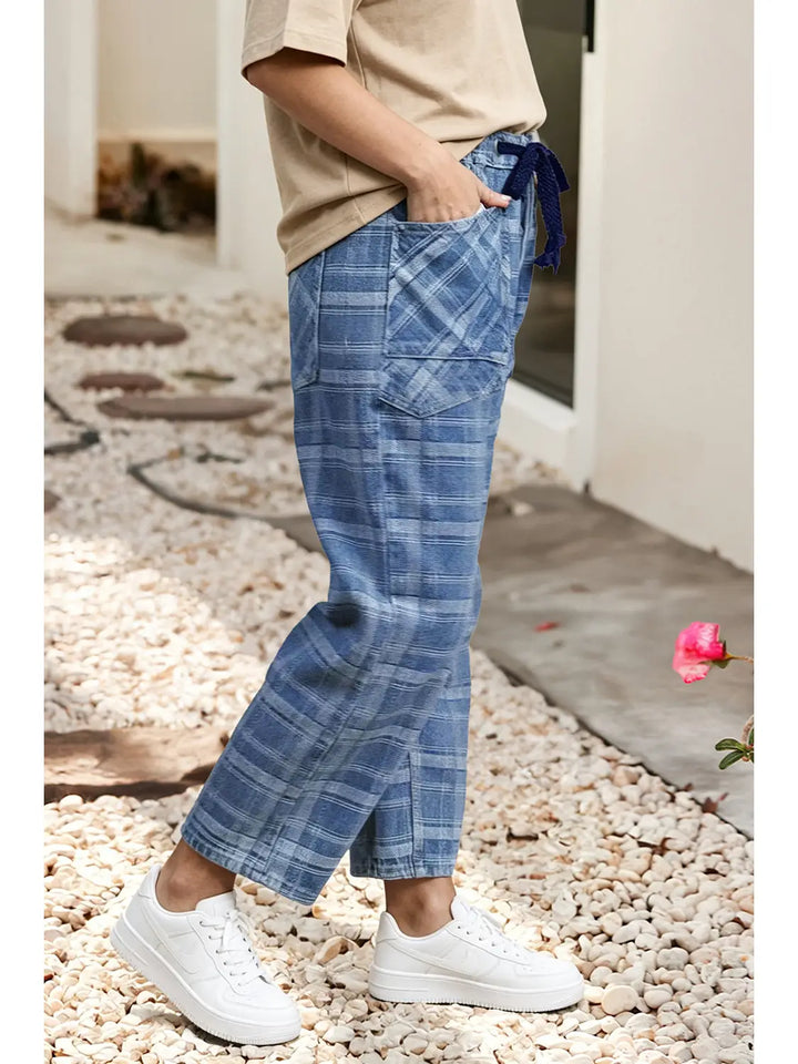 Plaid Denim Drawstring Jeans