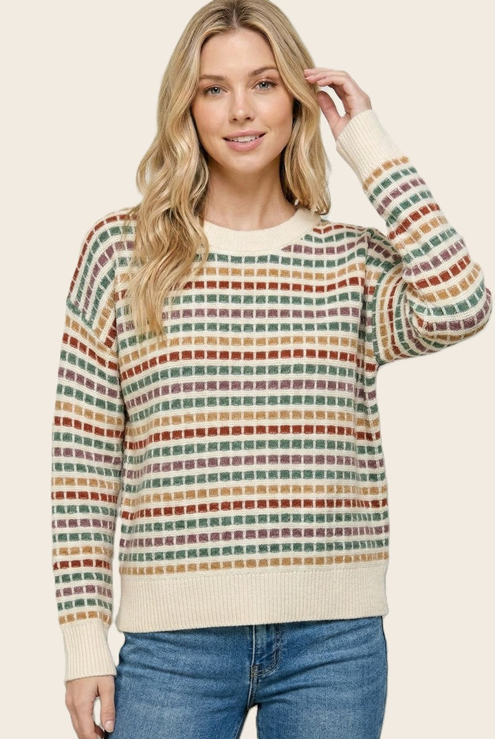 Multi Color Texture Stripe Crew Neck