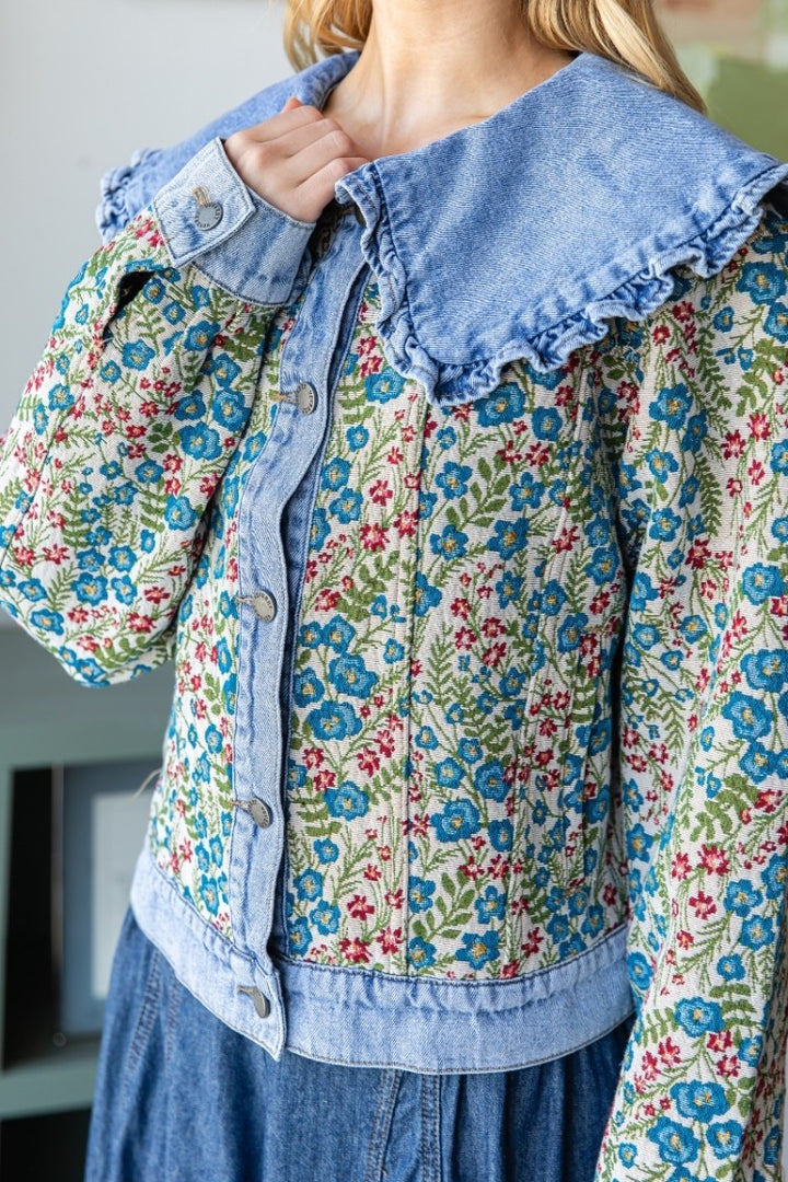 Vintage Jacquard Ruffle Collar Denim Jacket