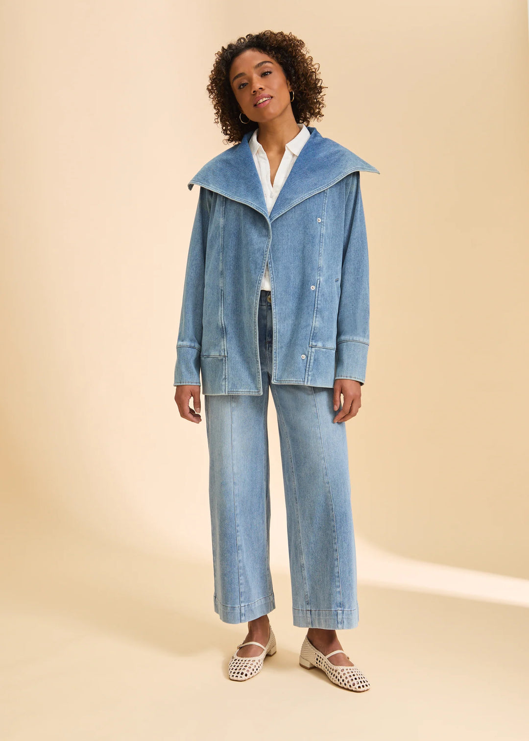 Light Denim Draped Front Jacket