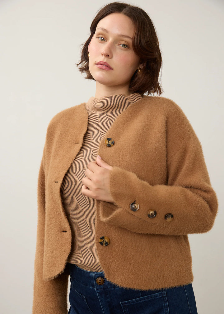 Camel Collarless Knit Jacket