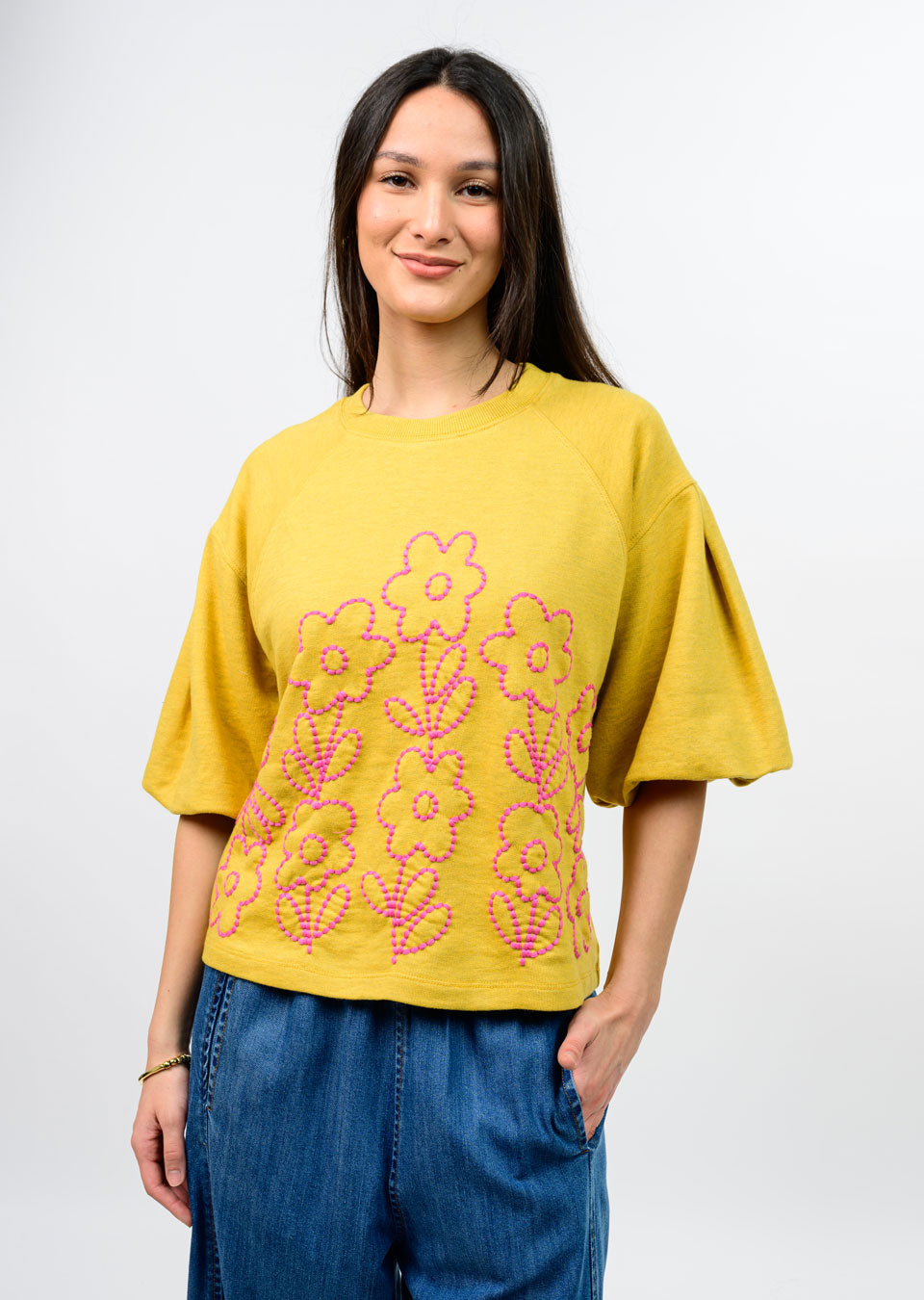 Gold French Terry Crewneck w/Floral Embroidery